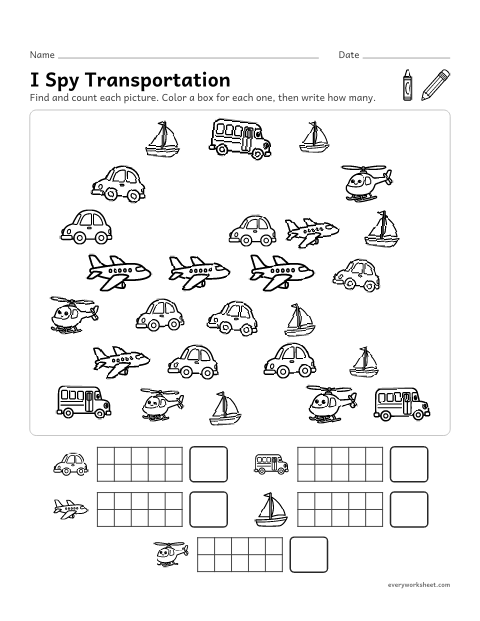 Preview of the printable “I spy transportation” worksheet: finding and counting cars, buses, planes, boats and helicopters to 10