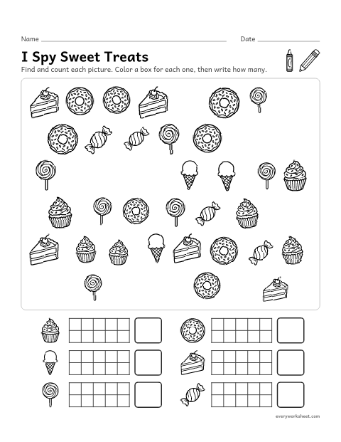 Preview of the printable “I spy sweet treats” worksheet: finding and counting sweet treats to 10