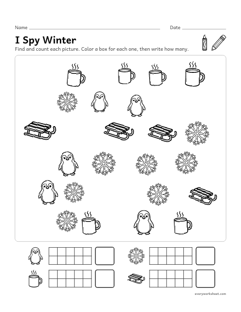 Preview of the printable “I spy winter” worksheet: finding and counting winter things to 10