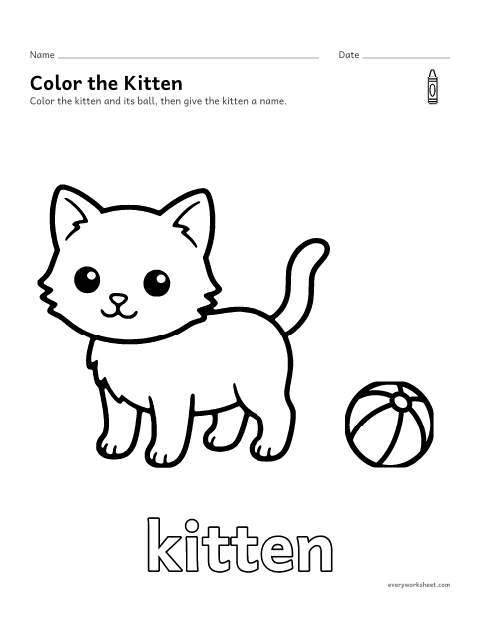 Preview of the printable “Kitten coloring page” worksheet: coloring a big picture of a kitten with crayons