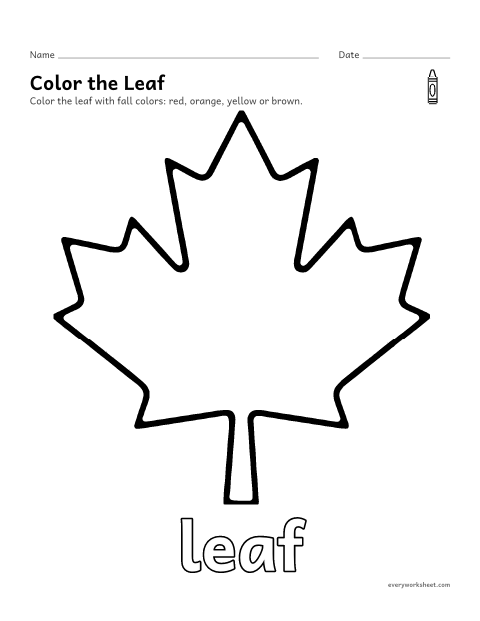 Preview of the printable “Leaf coloring page” worksheet: coloring a big picture of a leaf with crayons