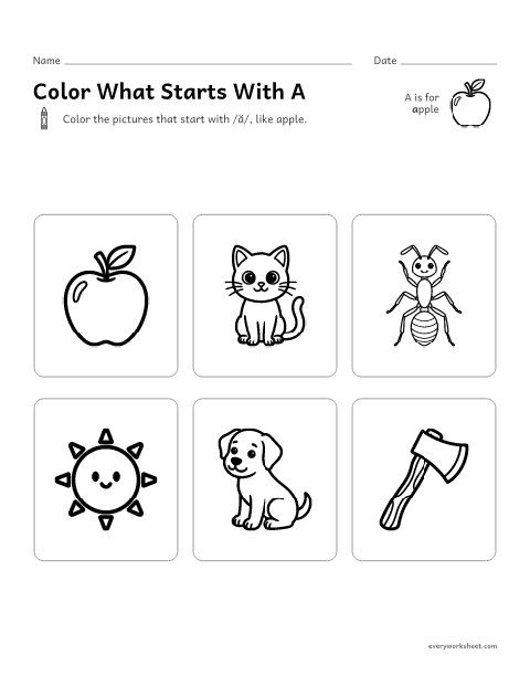 Preview of the printable “Color what starts with A” worksheet: hearing the A sound at the start of a word