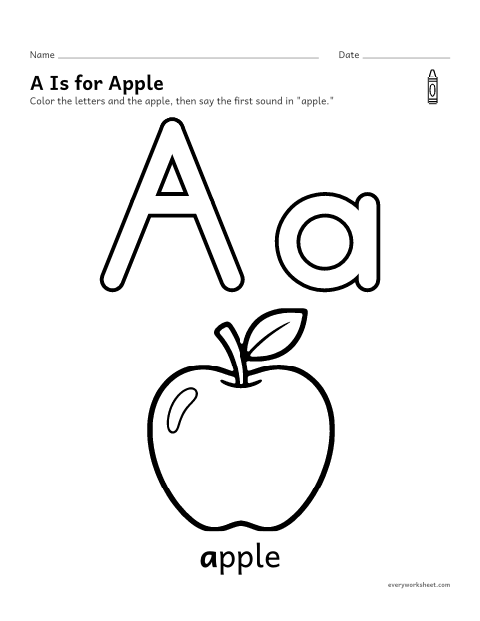 Preview of the printable “Letter A coloring page” worksheet: recognizing the letter A and its sound