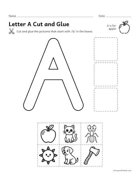 Preview of the printable “Letter A cut and glue” worksheet: cutting out pictures that start with the A sound