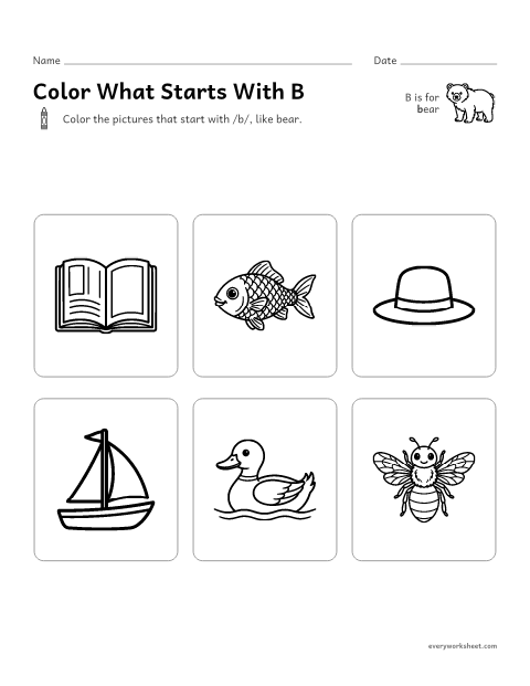 Preview of the printable “Color what starts with B” worksheet: hearing the B sound at the start of a word