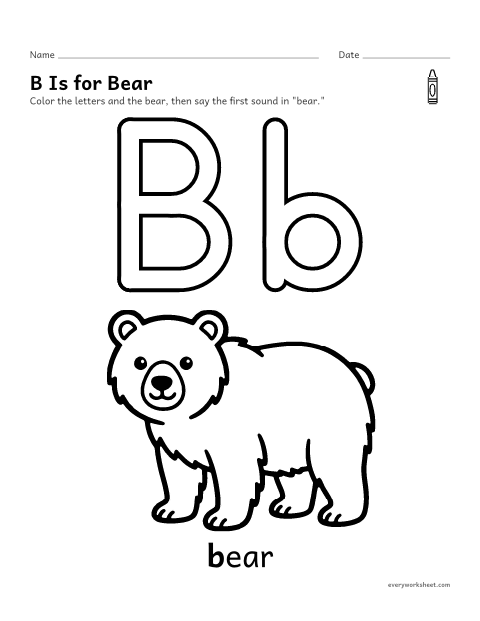 Preview of the printable “Letter B coloring page” worksheet: recognizing the letter B and its sound