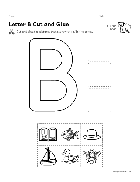 Preview of the printable “Letter B cut and glue” worksheet: cutting out pictures that start with the B sound