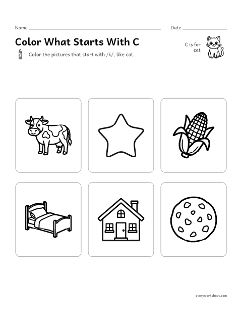 Preview of the printable “Color what starts with C” worksheet: hearing the C sound at the start of a word