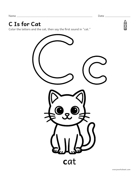 Preview of the printable “Letter C coloring page” worksheet: recognizing the letter C and its sound