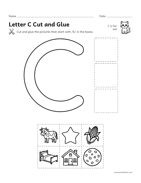 Preview of the printable “Letter C cut and glue” worksheet: cutting out pictures that start with the C sound