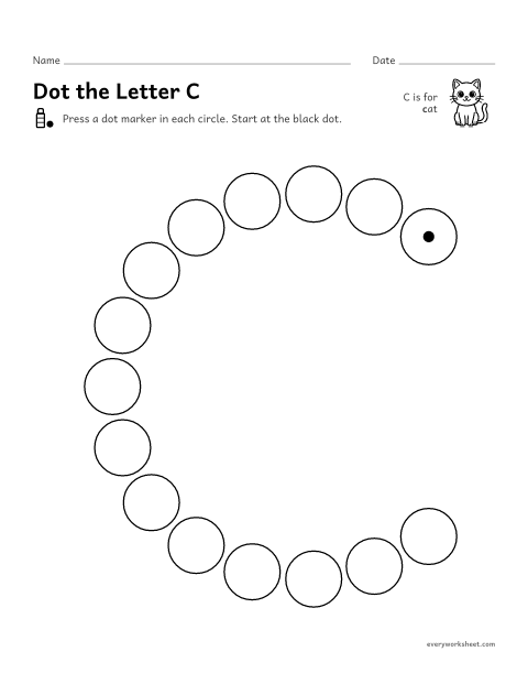 Preview of the printable “Dot the letter C” worksheet: following the shape of C and c with a dot marker