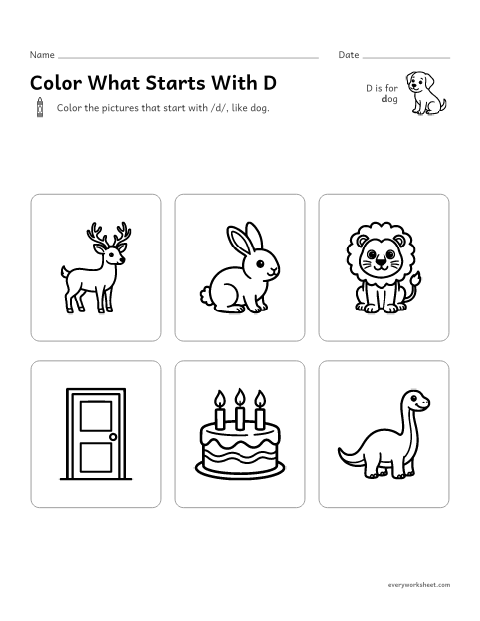 Preview of the printable “Color what starts with D” worksheet: hearing the D sound at the start of a word