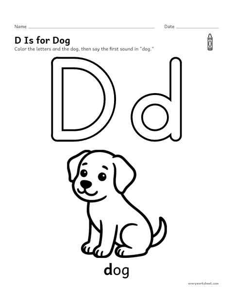 Preview of the printable “Letter D coloring page” worksheet: recognizing the letter D and its sound