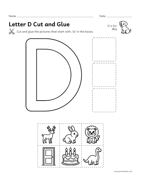 Preview of the printable “Letter D cut and glue” worksheet: cutting out pictures that start with the D sound