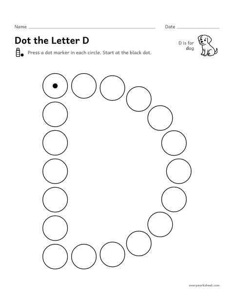 Preview of the printable “Dot the letter D” worksheet: following the shape of D and d with a dot marker