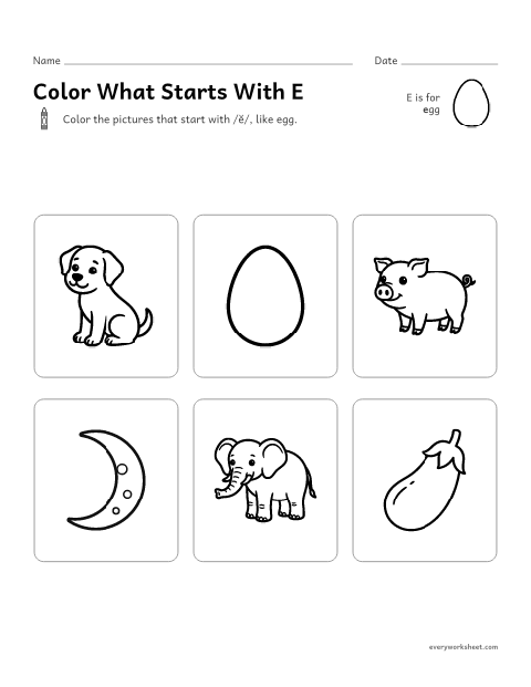 Preview of the printable “Color what starts with E” worksheet: hearing the E sound at the start of a word