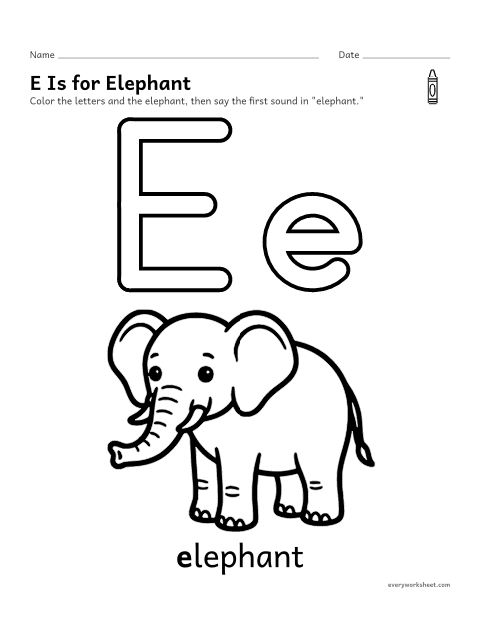 Preview of the printable “Letter E coloring page” worksheet: recognizing the letter E and its sound
