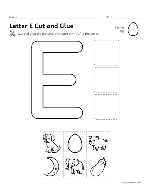 Preview of the printable “Letter E cut and glue” worksheet: cutting out pictures that start with the E sound
