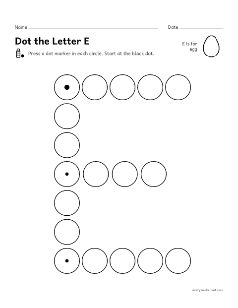 Preview of the printable “Dot the letter E” worksheet: following the shape of E and e with a dot marker