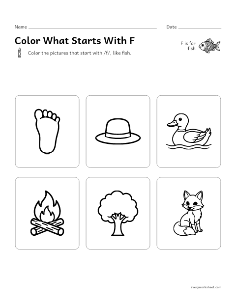 Preview of the printable “Color what starts with F” worksheet: hearing the F sound at the start of a word