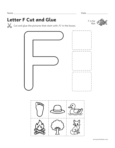 Preview of the printable “Letter F cut and glue” worksheet: cutting out pictures that start with the F sound