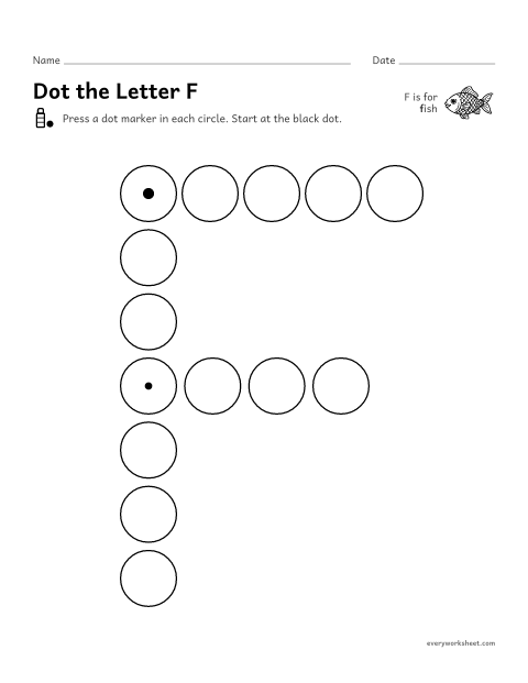Preview of the printable “Dot the letter F” worksheet: following the shape of F and f with a dot marker