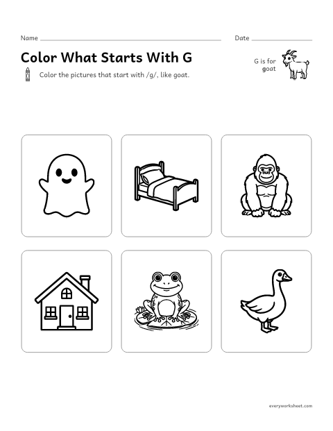 Preview of the printable “Color what starts with G” worksheet: hearing the G sound at the start of a word