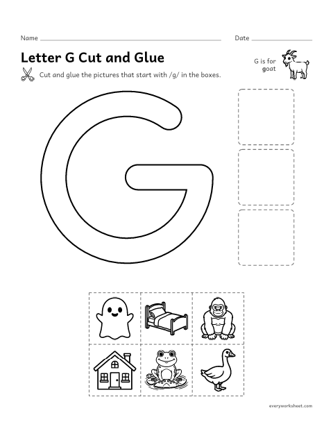 Preview of the printable “Letter G cut and glue” worksheet: cutting out pictures that start with the G sound