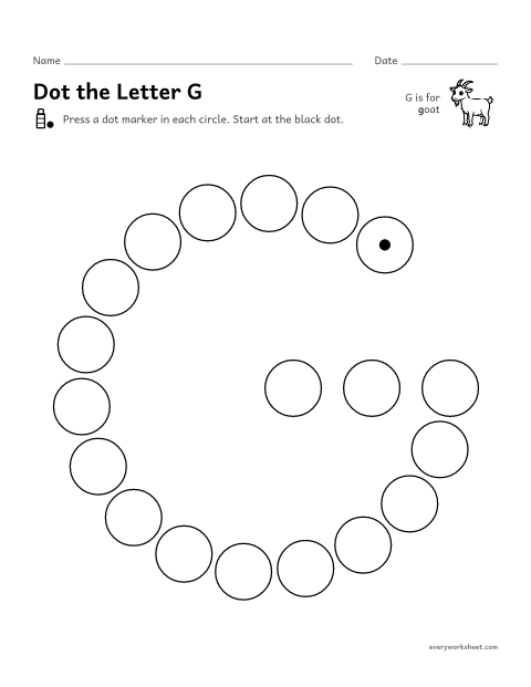 Preview of the printable “Dot the letter G” worksheet: following the shape of G and g with a dot marker