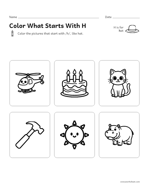 Preview of the printable “Color what starts with H” worksheet: hearing the H sound at the start of a word