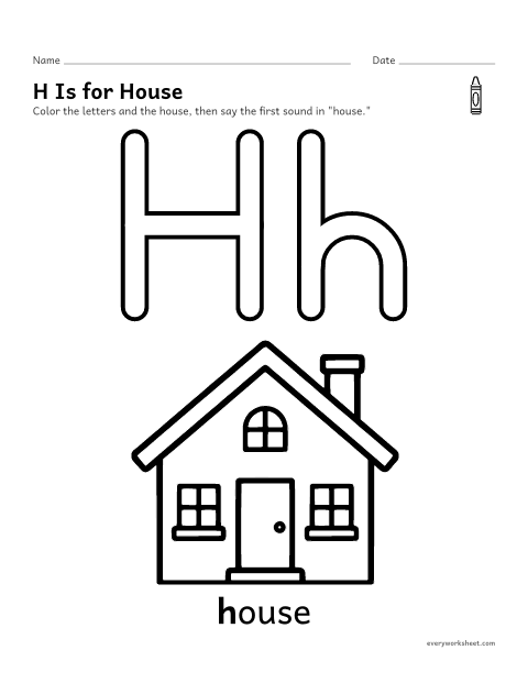 Preview of the printable “Letter H coloring page” worksheet: recognizing the letter H and its sound