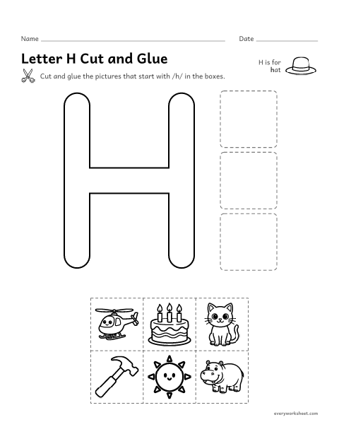 Preview of the printable “Letter H cut and glue” worksheet: cutting out pictures that start with the H sound