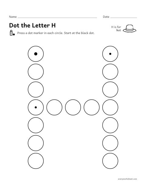 Preview of the printable “Dot the letter H” worksheet: following the shape of H and h with a dot marker