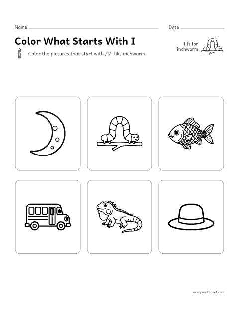 Preview of the printable “Color what starts with I” worksheet: hearing the I sound at the start of a word