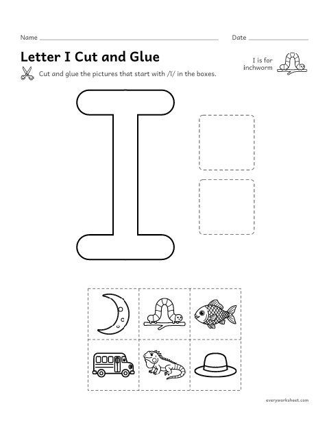 Preview of the printable “Letter I cut and glue” worksheet: cutting out pictures that start with the I sound