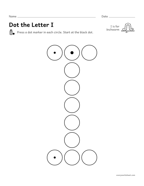 Preview of the printable “Dot the letter I” worksheet: following the shape of I and i with a dot marker