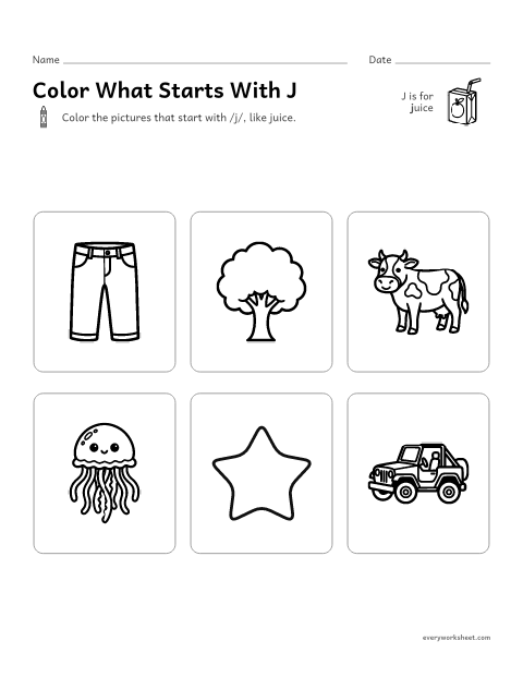 Preview of the printable “Color what starts with J” worksheet: hearing the J sound at the start of a word