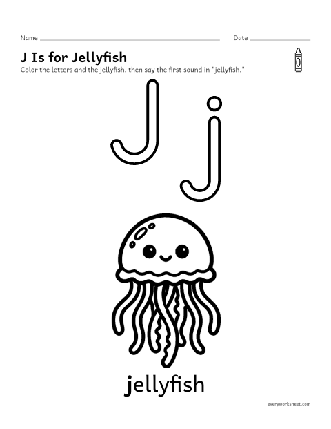 Preview of the printable “Letter J coloring page” worksheet: recognizing the letter J and its sound