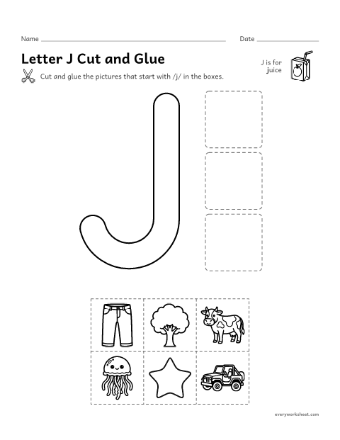 Preview of the printable “Letter J cut and glue” worksheet: cutting out pictures that start with the J sound