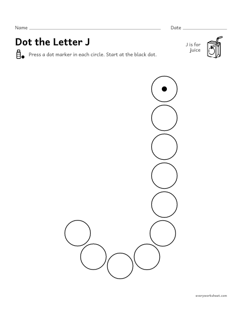 Preview of the printable “Dot the letter J” worksheet: following the shape of J and j with a dot marker