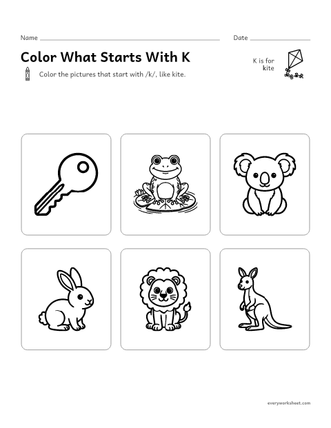 Preview of the printable “Color what starts with K” worksheet: hearing the K sound at the start of a word