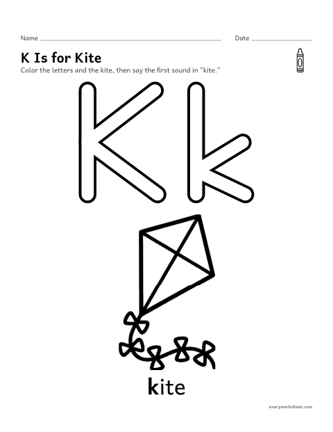 Preview of the printable “Letter K coloring page” worksheet: recognizing the letter K and its sound
