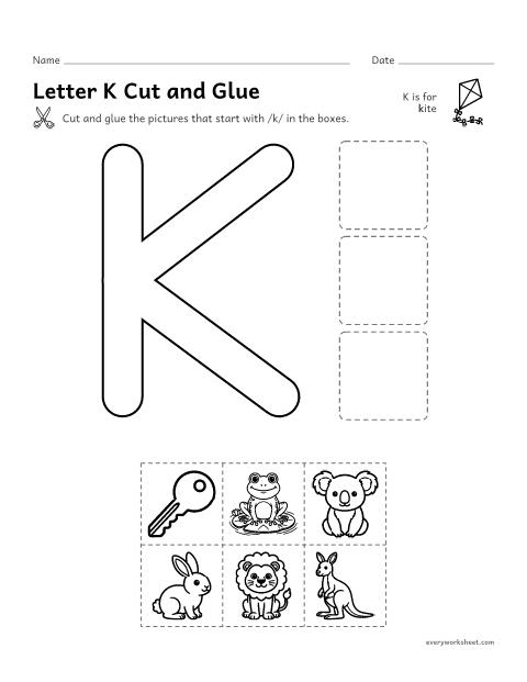 Preview of the printable “Letter K cut and glue” worksheet: cutting out pictures that start with the K sound