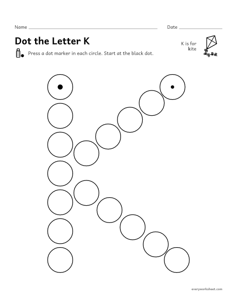 Preview of the printable “Dot the letter K” worksheet: following the shape of K and k with a dot marker