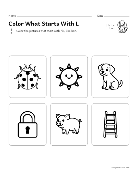 Preview of the printable “Color what starts with L” worksheet: hearing the L sound at the start of a word
