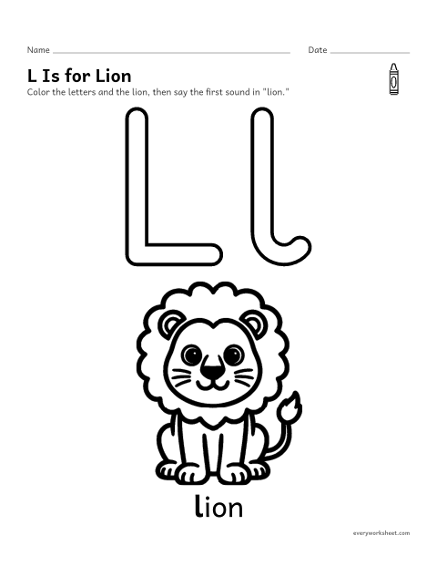 Preview of the printable “Letter L coloring page” worksheet: recognizing the letter L and its sound
