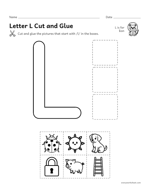 Preview of the printable “Letter L cut and glue” worksheet: cutting out pictures that start with the L sound