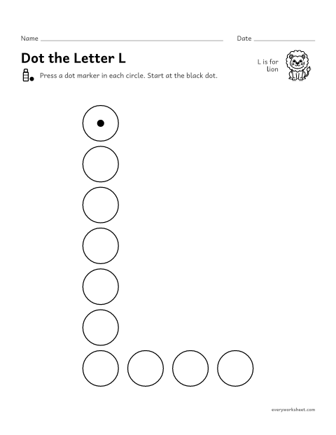 Preview of the printable “Dot the letter L” worksheet: following the shape of L and l with a dot marker