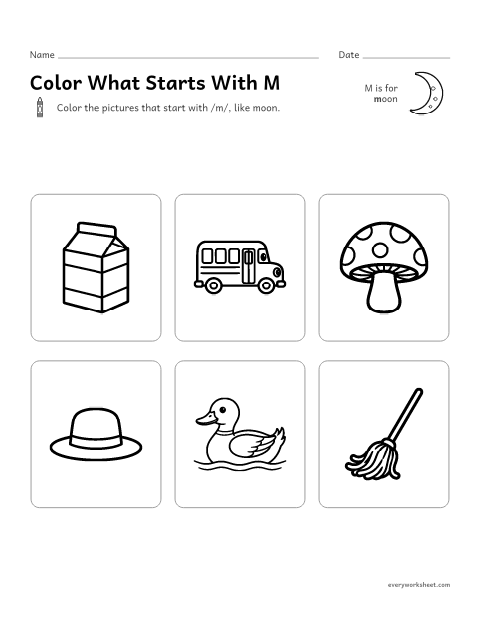 Preview of the printable “Color what starts with M” worksheet: hearing the M sound at the start of a word