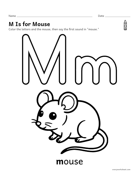 Preview of the printable “Letter M coloring page” worksheet: recognizing the letter M and its sound